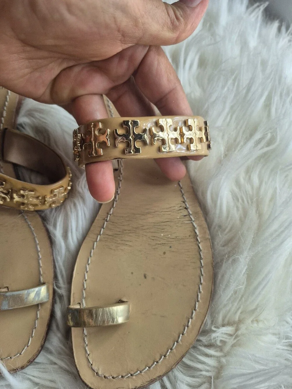 Tory Burch Tan Leather Toe-Loop Sandals with Gold Logo Chain